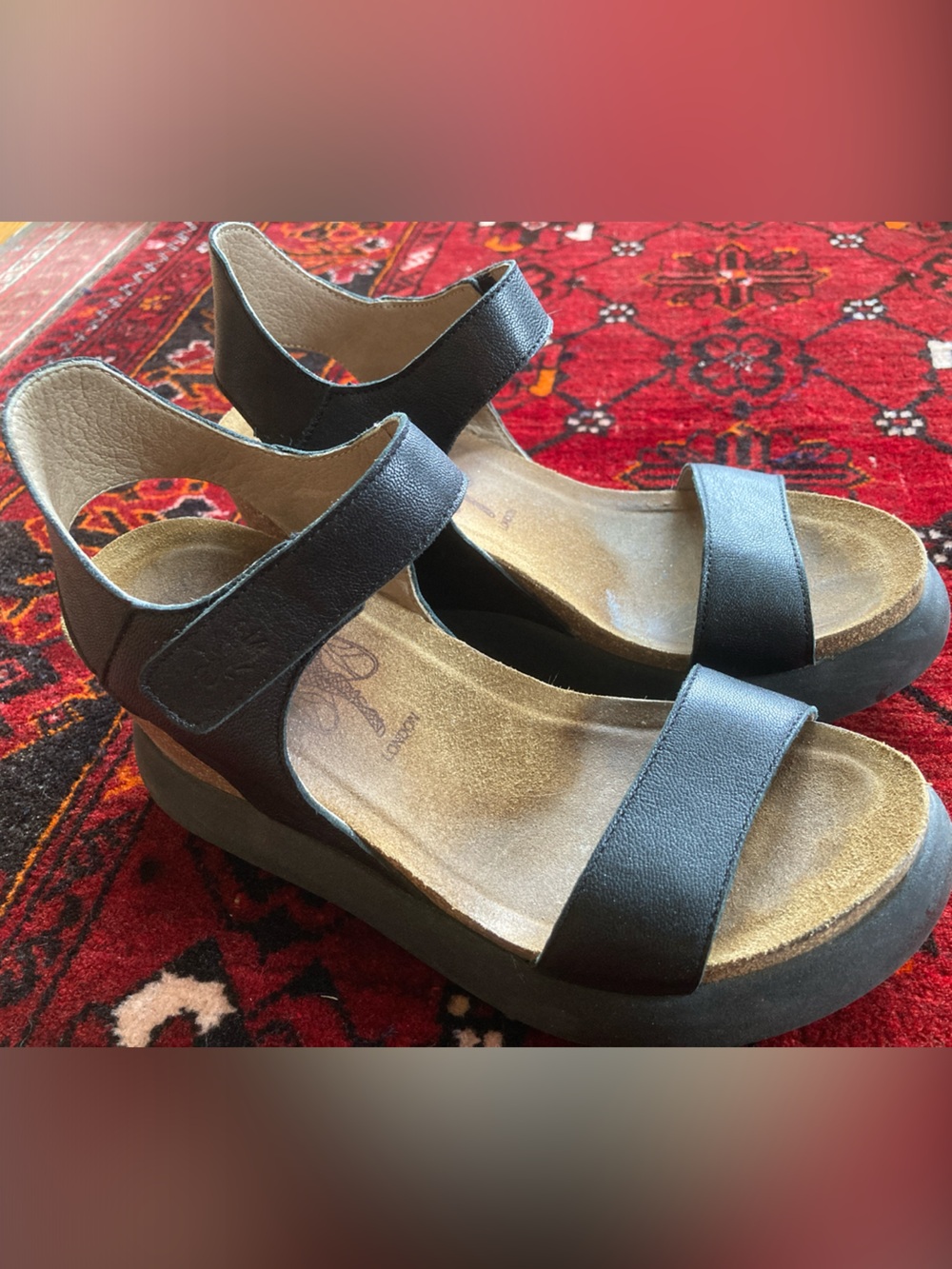 Fly London Gogo Black Leather Platform Sandals with Ankle Strap 38 US 8